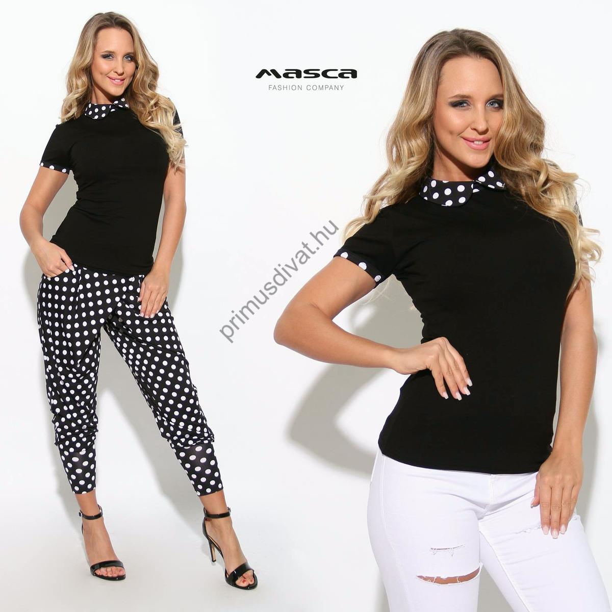 Masca Fashion fekete fehér pöttyös galléros rövid ujjú szűk piros felső Mf915 30 Masca Fashion fekete fehér pöttyös galléros rövid ujjú szűk piros felső Mf915 30